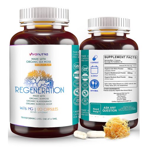 Irish Sea Moss Organic Bladderwrack Burdock Root 120 Capsules - Wildcrafted Seamoss Raw Organic Herb Cell Health Irish Moss Powder Gel Pills - Alkaline Supplements Vegan Super Food - 2 Month Supply