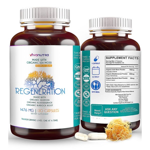 Irish Sea Moss Organic Bladderwrack Burdock Root 120 Capsules - Wildcrafted Seamoss Raw Organic Herb Cell Health Irish Moss Powder Gel Pills - Alkaline Supplements Vegan Super Food - 2 Month Supply