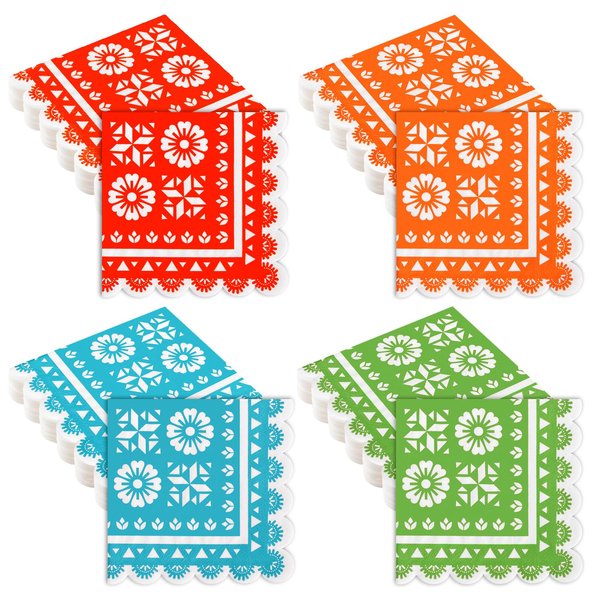 100 Pack Mexican Paper Napkins Fiesta Disposable Cocktail Napkins Papel Picado Decorative Scalloped Napkin for Cinco De Mayo Mexican Fiesta Table Decor Party Supplies