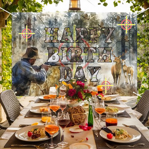 Hunting Happy Birthday Banner Backdrop Forest Wilderness Deer Hunting Themed Background Decor for Hunter Men Boys Birthday Party Favors Decorations Supplies 72x43in-BECKTEN
