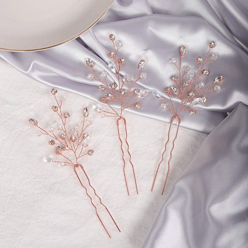 YERTTER 3Pcs Bride Crystal Hair Pins Wedding Hair Pins Decorative Rhinestones Crystal Bridal Bun Clip Accessories for Brides and Bridesmaids (Rose Gold)