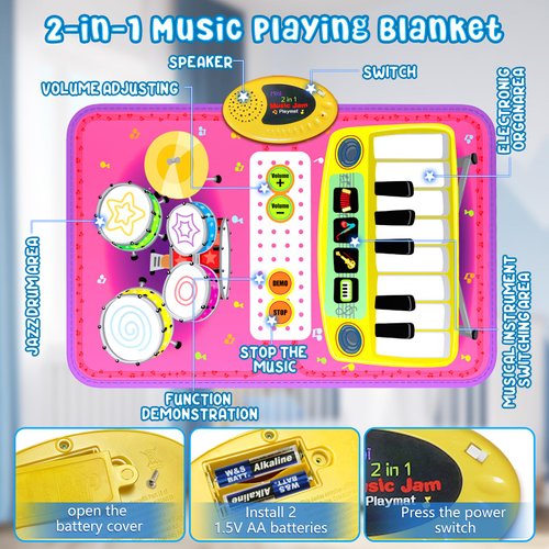 2-in-1 Musical Mat Toys for 1 2 3 4 5 Year Old, Piano Keyboard & Drum Set with 2 Drum Sticks, Early Educational Musical Learning Toys Birthday for 1 2 3 4 5 Year Old Girls & Boys, Pink