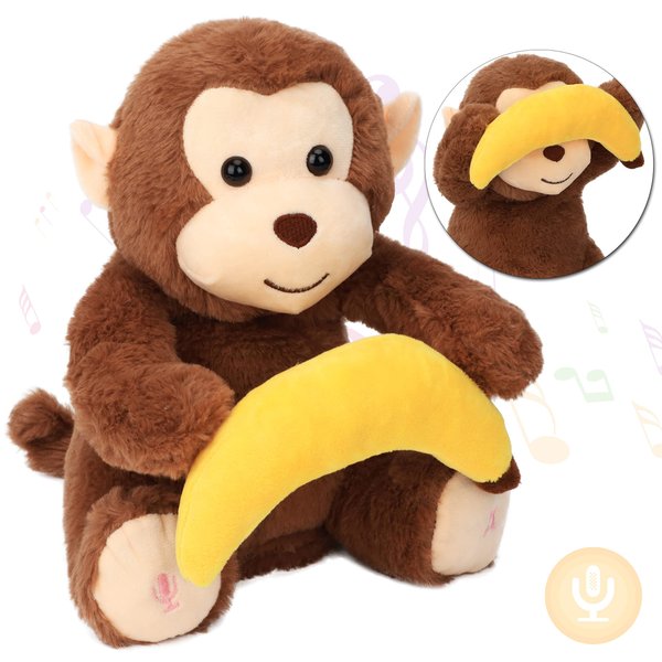 Hopearl Peek A Boo Monkey with Banana Interactive Repeats What You Say Plush Toy Musical Singing Talking Stuffed Animal Adorable Electric Animate Birthday Festival, Brown, 11''