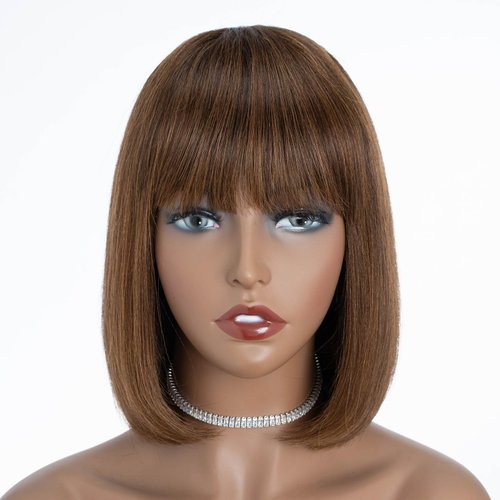 DÉBUT Short Bob Wigs with Bangs Human Hair Ombre Brown Glueless Non Lace Front Wigs Brazilian Virgin Remy Hair 10 Inches