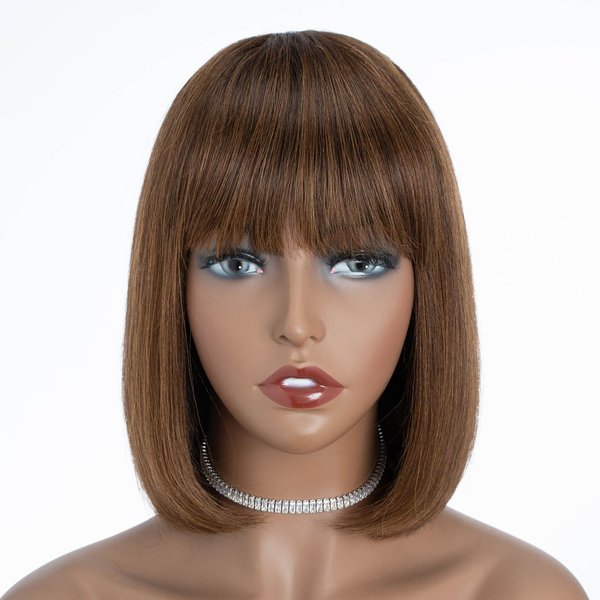 DÉBUT Short Bob Wigs with Bangs Human Hair Ombre Brown Glueless Non Lace Front Wigs Brazilian Virgin Remy Hair 10 Inches
