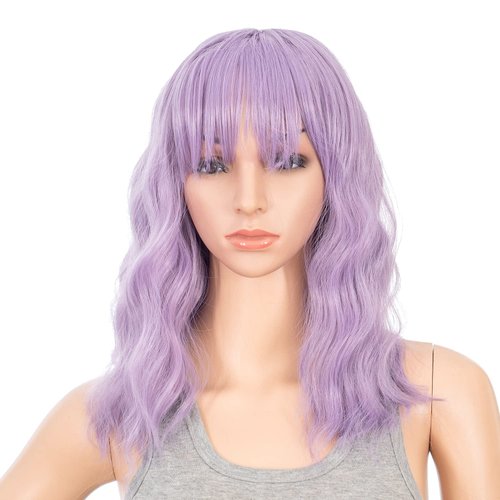 SWACC Short Curly Wavy Bob Wig with Bangs Synthetic Medium Shoulder Length Hair Wig for Women with Wig Cap (Lavender Purple)