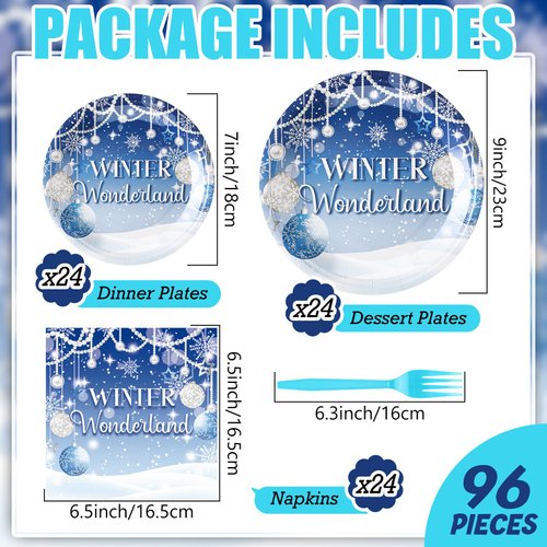 Zhehao 96 Pcs Winter Wonderland Decorations Blue Paper Winter Wonderland Plates and Napkins Disposable Christmas Snowflake Party Supplies Blue Xmas Decoration Tableware Set for 24 Guest Birthday Party