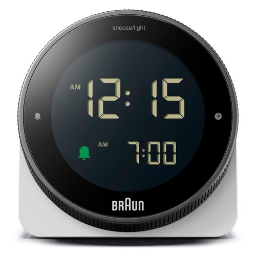 Braun Digital Alarm Clock with Snooze, Negative LCD Display, Rotating Bezel for Quick time Setting, Crescendo Beep Alarm in White, Model BC24W.