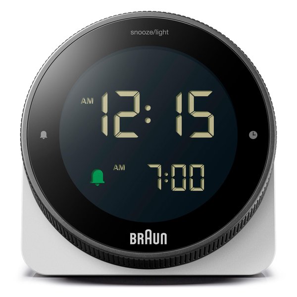 Braun Digital Alarm Clock with Snooze, Negative LCD Display, Rotating Bezel for Quick time Setting, Crescendo Beep Alarm in White, Model BC24W.