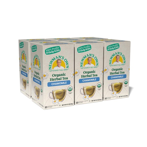 Newman's Own Organics Chamomile Tea Caffeine Free Herbal Tea for, Stomach Ease Tea that May Support Healthy Digestion, Egyptian Chamomile Tea with 20 Individually Wrapped Tea Bags Per Box (Pack of 6)