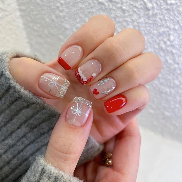 ROFIBUT Christmas Press on Nails Short Square Fake Nails Glossy French Tips Red Silver Glitter Design Christmas Glue on Nails Santa Hat Heart Reindeer Acrylic Glue on Nails for Women Girls 24Pcs