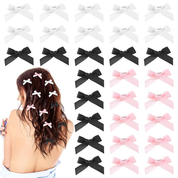 30PCS Bow Hair Clips Satin Mini Bowknot Barrettes Non-Slip Ribbon Hairpins Kawaii Claw Clip Small Pins Metal Sweet Hairstyle Accessorie for Women Girl Toddlers(pink+black+white)
