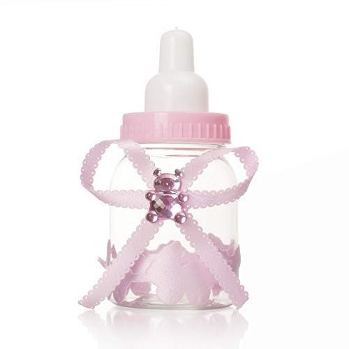 Tayarana 3.5 Inches Baby Bottle Shower Favor,Mini Plastic Candy Bottle,Baby Shower Supplies Boy Girl Newborn Baby Baptism Birthday Party Decor (2 Dozens, Pink ornamented)