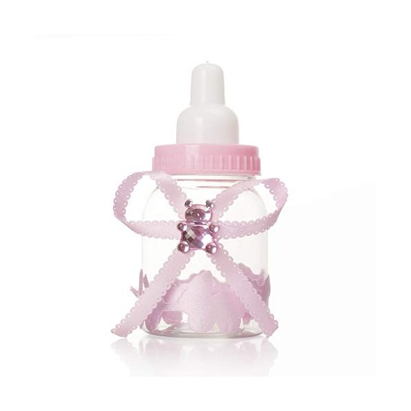 Tayarana 3.5 Inches Baby Bottle Shower Favor,Mini Plastic Candy Bottle,Baby Shower Supplies Boy Girl Newborn Baby Baptism Birthday Party Decor (2 Dozens, Pink ornamented)