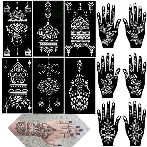 QSTOHENA Henna Tattoo Stencils kit, 12 Sheets Temporary Tattoo Stickers for Women Girls Indian Arabian Reusable Hand Tattoo Templates