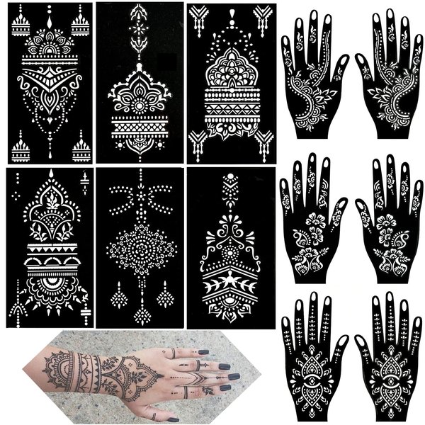 QSTOHENA Henna Tattoo Stencils kit, 12 Sheets Temporary Tattoo Stickers for Women Girls Indian Arabian Reusable Hand Tattoo Templates