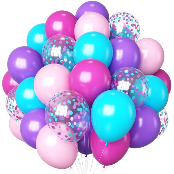 HILAVO Pink Purple Blue Balloons 60 Pcs Hot Pink Light Pink Teal Purple Latex Balloon Pastel Purple Teal Pink Confetti Balloons for Kids Magic Theme Mermaid Princess Birthday Baby Shower Party Decor