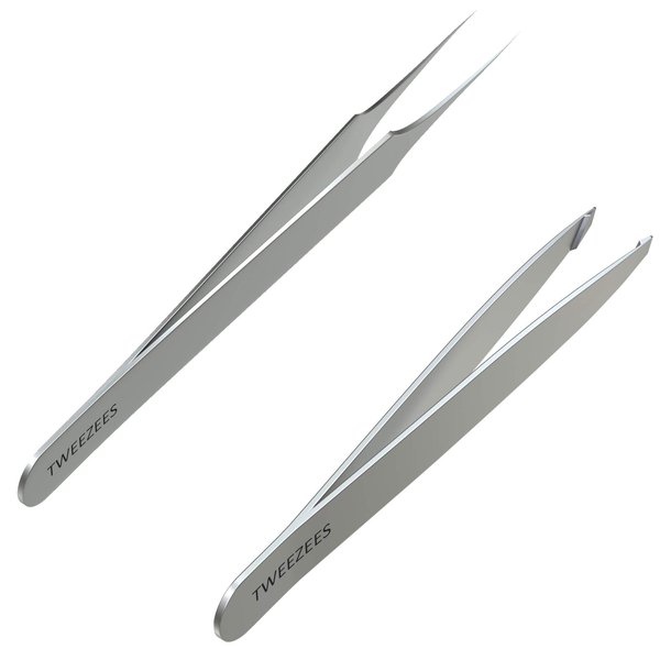 Tweezees Precision Stainless Steel Tweezers | Professional Slant Tip & Splinter Tip Tweezer | Extra Sharp Hair Removal Tool | For Eyebrow Shaping