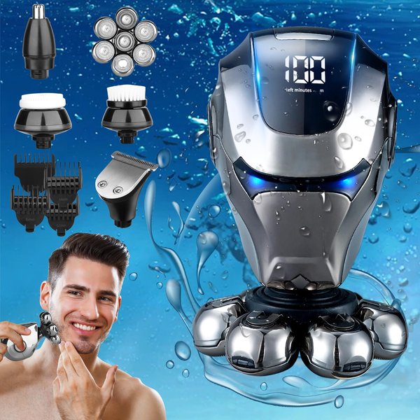 7D Electric Head Shaver for Bald Men, Upgrade 9-in-1 Floating Head Shaver with Nose Hair, Sideburns Trimmer, Face Brush, Waterproof Wet/Dry, 7D Rotary Shaver with Type-C Charger and LED Display