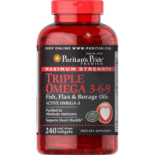 Puritan's Pride Triple Omega 3-6-9 Fish, Flax and Borage, supports healthy joints Yellow 240 Count (Pack of 1)