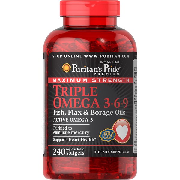 Puritan's Pride Triple Omega 3-6-9 Fish, Flax and Borage, supports healthy joints Yellow 240 Count (Pack of 1)