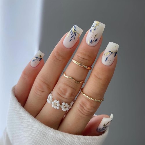 LBPEPAMZ 24Pcs Medium Square Press on Nails Jade White Color Chinese Style Fake Nails Gold Blue Leaves Design Nails Full Cover Uñas Postizas Spring Summer Matte False Nails for Women Daily Wear