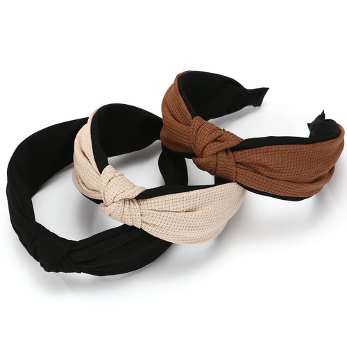 NARUNING 3 PCS Knotted Headbands for Women，Dual-Color Wide Headband，Fashion Waffle Grid Fabric，Yoga Hair Band Elastic Hair Accessories for Women and Girls