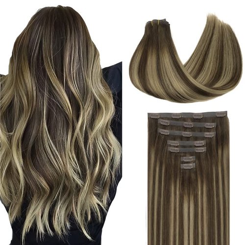 GOO GOO Clip in Hair Extensions Real Human Hair, 20inch 110g 7Pcs, 4/26/4 Balayage Chocolate Brown to Honey Blonde, Remy Human Hair Extensions Clip ins for Women, Natural Human Hair