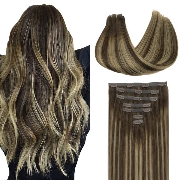 GOO GOO Clip in Hair Extensions Real Human Hair, 20inch 110g 7Pcs, 4/26/4 Balayage Chocolate Brown to Honey Blonde, Remy Human Hair Extensions Clip ins for Women, Natural Human Hair