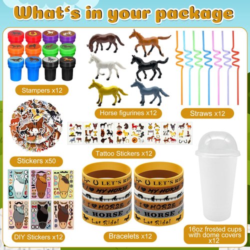 122 Pcs Horse Party Favors, Farmhouse Pony Party Supplies with Cup Straw Tattoo Sticker Goodie Bags Fillers Treat Bag Gifts Classroom Rewards for Cowboy Pinatas Western Horses Birthday Party(Horse)