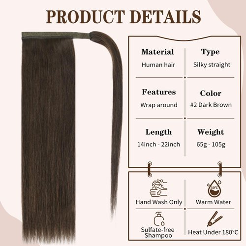 16" Human Hair Ponytail Extensions #2 Dark Brown 75g 100% Remy Human Hair Wrap Around Long Ponytail Clip in Hair Extensions Straight One Piece Hairpiece (16", Dark Brown)