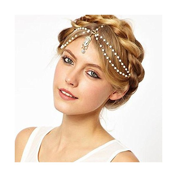 Pearl Wedding Hair Chain, Boho Beaded Head Piece for Wedding Bridal Headdress, Bride Hair Jewelry