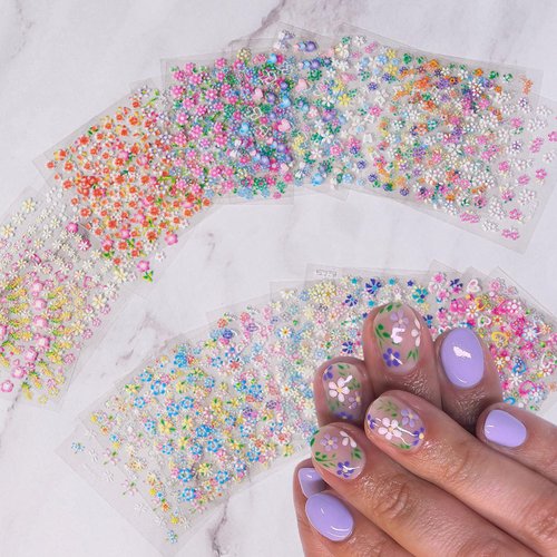 30 Sheets Flower Nail Art Stickers Colorful Flower Rose Daisy Cherry Blossoms Nail Decals 3D Self-Adhesive Pink Floral Nail Design Cute Heart Nail Sticker for Women Acrylic Nails Manicure Decoration