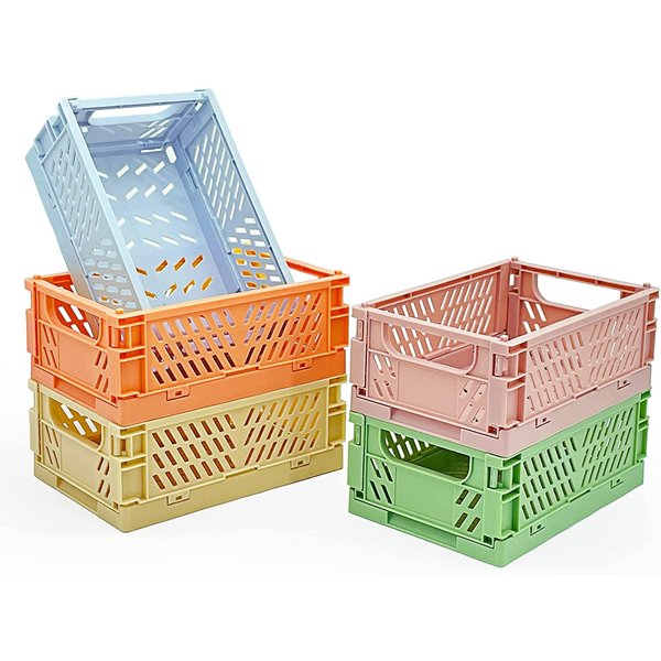 MONKISS 5-Pack Mini Baskets Plastic for Desk Organizers, Collapsible Crate Stacking Folding Storage Baskets for Home Kitchen Bedroom Bathroom Office (9.8" x 6.5" x 3.8")…