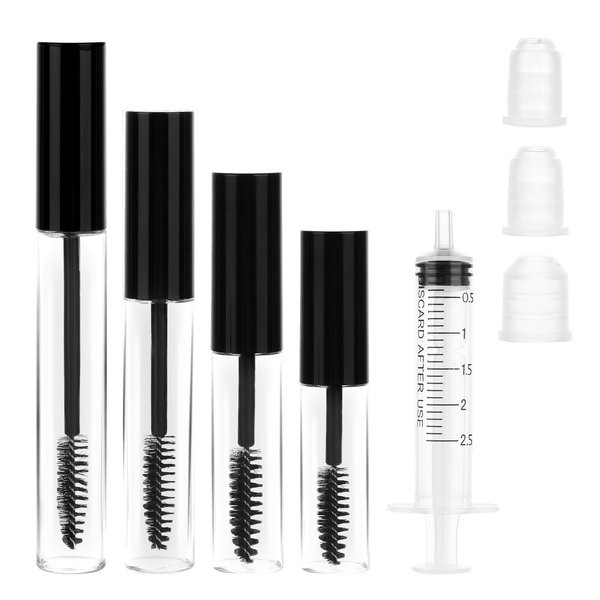 PEOVLVN 4 Pack Empty Mascara Tube with Eyelash Wand, 2ml 5ml 8ml 12ml Empty Mascara Tube and Wand Kit with Pipette and Leak Stoppers for DIY Mascara or Eyelash Growth Oil (Black)