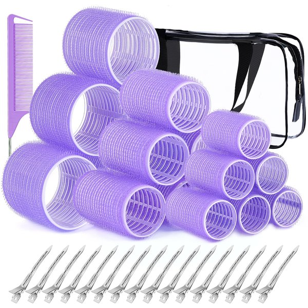 Hair Rollers Set, IKOCO Rollers Hair Curlers 24Pcs Heatless Curlers for Long Short Hair Bangs with 16Pcs Roller Clips, Clear Toiletry Bag and Rat Tail Comb (Purple)