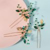 3 Pieces U Shape Wedding Hair Pins for Bride Wedding Hair Pieces Gold Leaf and Green Rhinestones Hair Clips for Bridesmaid Women and Flower Girls Hair Accessories