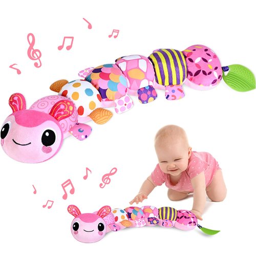 Baby Toys for 0-3-6-9-12 Months, Infant Stuffed Animal, Multi-Sensory Plush Toys, Tummy Time Musical Caterpillar Toy for Newborn, Soft Toys with Crinkle, Rattle and Textures, Birthday Gift for Girls