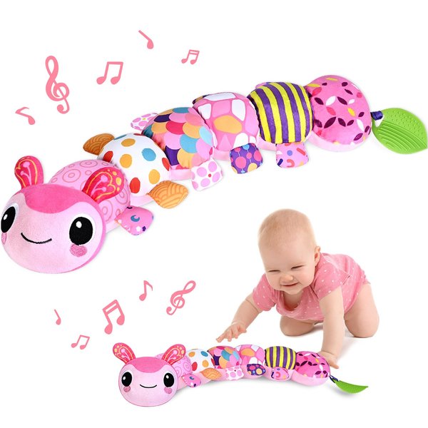 Baby Toys for 0-3-6-9-12 Months, Infant Stuffed Animal, Multi-Sensory Plush Toys, Tummy Time Musical Caterpillar Toy for Newborn, Soft Toys with Crinkle, Rattle and Textures, Birthday Gift for Girls