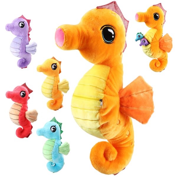 Shappy 5 Pcs Seahorse Stuffed Animals Set 17 Inch Mommy Seahorse Plush with 4 Cute Babies in Her Belly Soft Cuddly Zippered Sea Horse Plushie for Boys Girls Birthday Ocean Party Decor