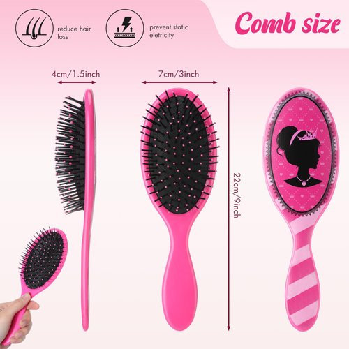 Hotop 24 Pcs Hot Pink Princess Party Favors for 8 Girls, Pink Girl Party Supplies Include 9 Inch Hair Brush for Girls Detangling Brush Pink Scrunchies Organza Bag for Makeup Kit Hair Accessories