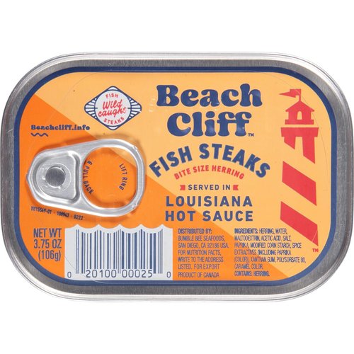 Beach Cliff Wild Caught Herring Fish Steaks in Louisiana Hot Sauce, 3.75 oz Can - 15g Protein per Serving