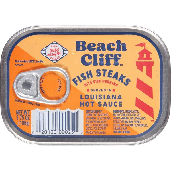 Beach Cliff Wild Caught Herring Fish Steaks in Louisiana Hot Sauce, 3.75 oz Can - 15g Protein per Serving
