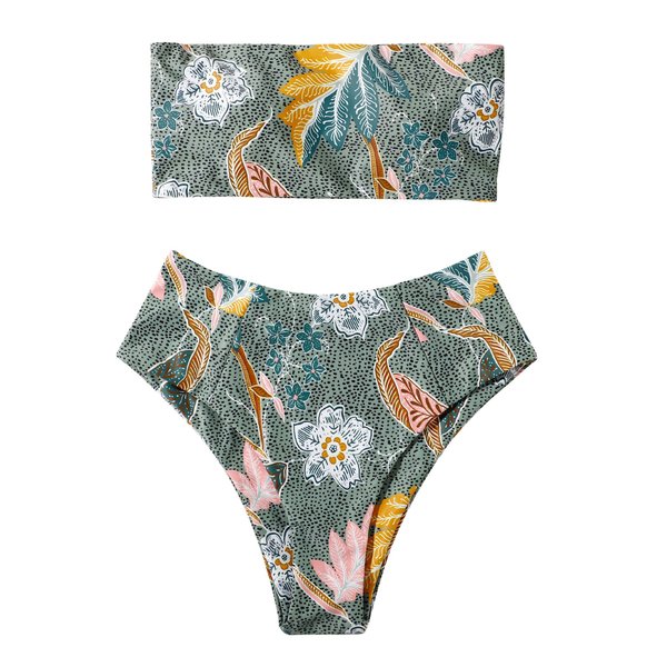 OMKAGI Women Bandeau Swimsuit Plant Floral Cheeky High Cut Thong Bikini Set(M,Green Floral-4405)