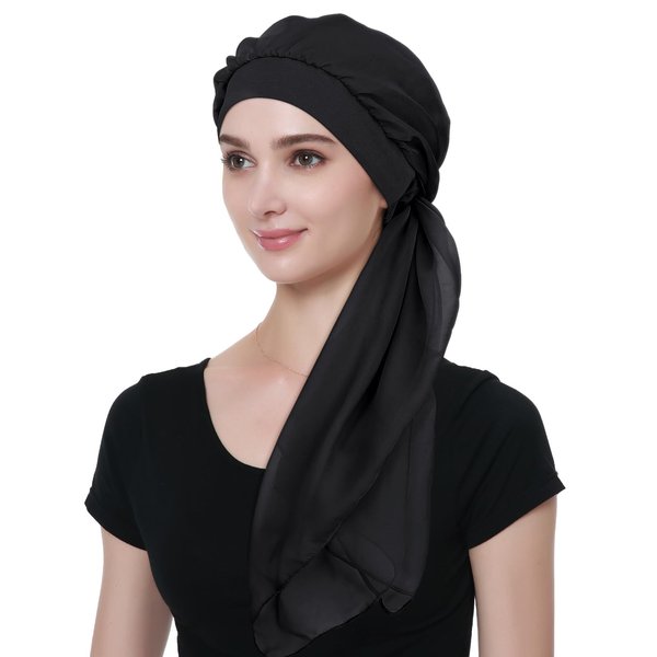 Alnorm Cancer Headwear Turbans Hair Loss Head Scarf Headwraps Pure Black