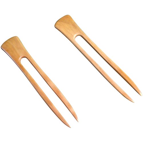 Two Yellow Teak Wood Two Prong 6 Inch Straight Hair Stick Pick Pic Pin Fork