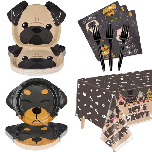 Dog Party Decorations, Dog Shape Plates, 81Pcs Doggy Party Supplies for Dog Kid Birthday, Includes Dog Plates, Let's Pawty Tablecloth, Napkins, Forks, Serves 20 Guests