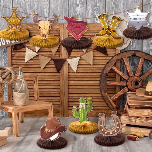 8 Pcs Cowboy Decorations Cowboy Themed Honeycomb Table Decor Cowboy Party Decorations Western Party Centerpieces Western Baby Shower Decorations Party Centerpieces for Birthday Party Supplies