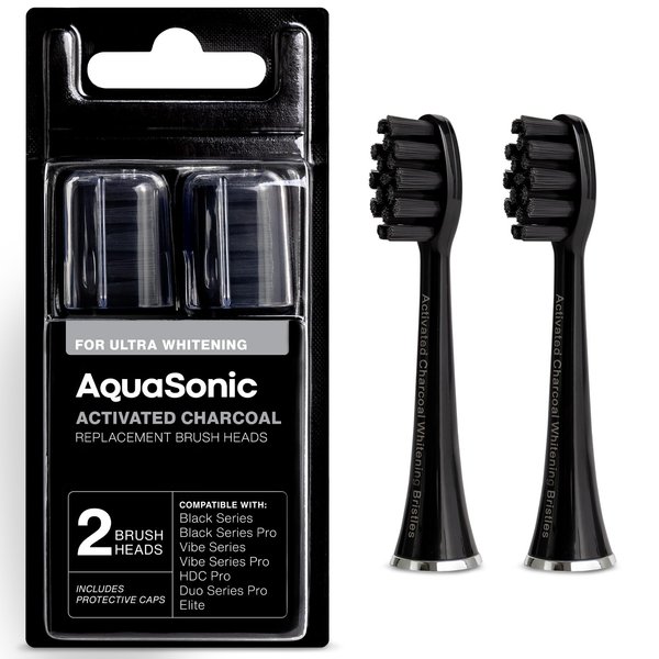 AquaSonic 2-Pack Activated Charcoal Brush Heads - Ultra Whitening Brush Heads - 2X Whitening & Stain Remover - for Black Series, Black Series Pro, Vibe Series, Duo Pro Series (Black)