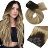 Moresoo Seamless Clip in Hair Extensions Human Hair Balayage Seamless Hair Extensions Clip ins Ombre Brown to Light Brown with Blonde PU Weft Clip in Human Hair Extensions 20inch 7Pcs/120G